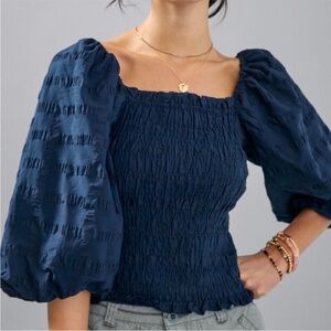 Anthropologie Maeve Bree Shirred Sleeve Milkmaid Top in Navy Blue Women’s XS